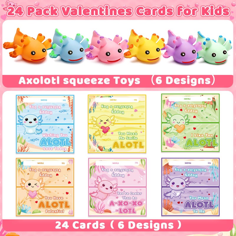 Jumlys Valentines Day Cards for Kids School, 24 Packs Cute Axolotl Squeeze Toys, Valentine Day Party Favors for Boys Girls, Ideal Exchange Cards for Classroom - Image 2
