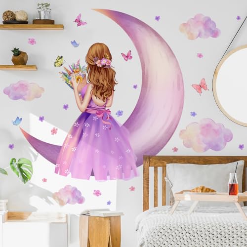 LiveGallery Removable 3D Princess Little Girl Wall Decal DIY Purple Butterfly and Moon Wall Decor Peel and Stick Clouds Wall Sticker for Kids Baby Girls Teens Nursery Bedroom Living Room Decoration (B) - Image 5