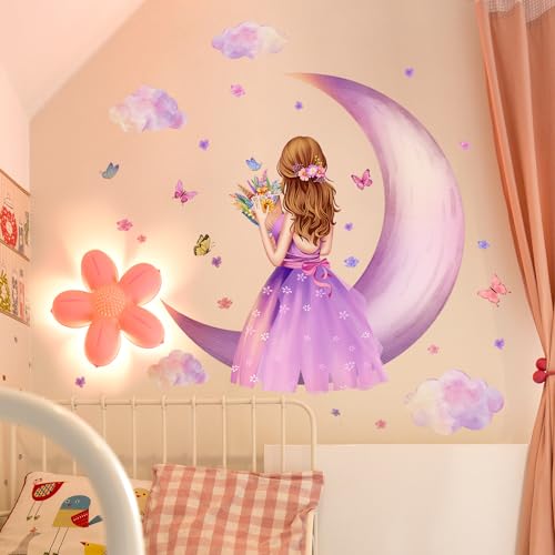 LiveGallery Removable 3D Princess Little Girl Wall Decal DIY Purple Butterfly and Moon Wall Decor Peel and Stick Clouds Wall Sticker for Kids Baby Girls Teens Nursery Bedroom Living Room Decoration (B) - Image 1