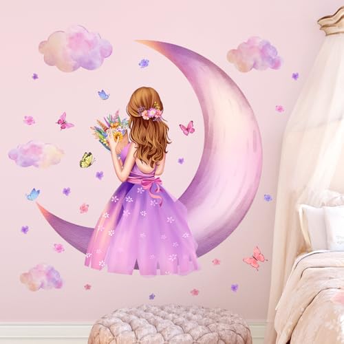 LiveGallery Removable 3D Princess Little Girl Wall Decal DIY Purple Butterfly and Moon Wall Decor Peel and Stick Clouds Wall Sticker for Kids Baby Girls Teens Nursery Bedroom Living Room Decoration (B) - Image 4