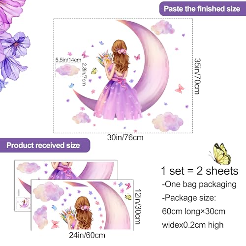 LiveGallery Removable 3D Princess Little Girl Wall Decal DIY Purple Butterfly and Moon Wall Decor Peel and Stick Clouds Wall Sticker for Kids Baby Girls Teens Nursery Bedroom Living Room Decoration (B) - Image 2
