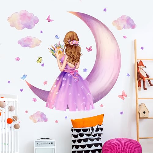LiveGallery Removable 3D Princess Little Girl Wall Decal DIY Purple Butterfly and Moon Wall Decor Peel and Stick Clouds Wall Sticker for Kids Baby Girls Teens Nursery Bedroom Living Room Decoration (B) - Image 3