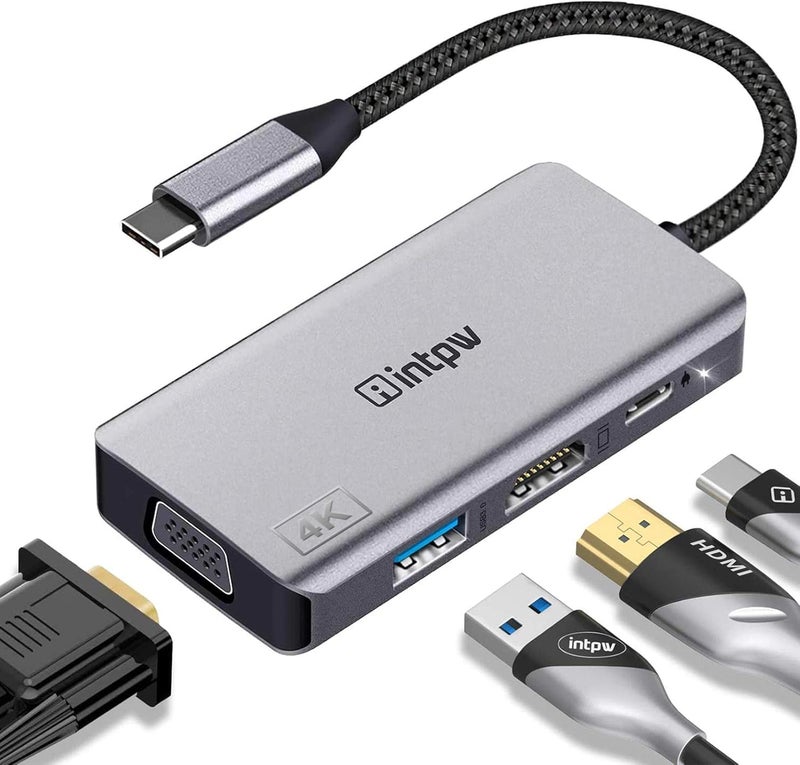 intpw USB C Hub, 4 in 1 VGA to HDMI Adapter with PD 100W, 4K HDMI, Type-A 3.0 5Gbps, 1080P VGA, Alumimun USB Hub for Laptop, MacBook Pro/MacBook Air/ipad Pro/Dell XPS - Image 1