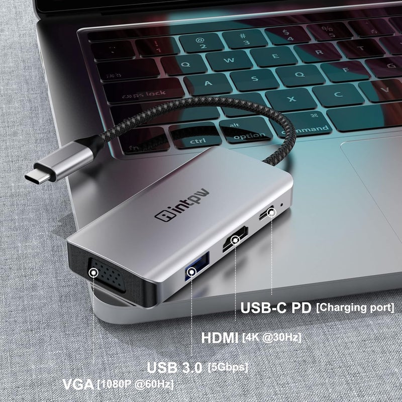intpw USB C Hub, 4 in 1 VGA to HDMI Adapter with PD 100W, 4K HDMI, Type-A 3.0 5Gbps, 1080P VGA, Alumimun USB Hub for Laptop, MacBook Pro/MacBook Air/ipad Pro/Dell XPS - Image 3
