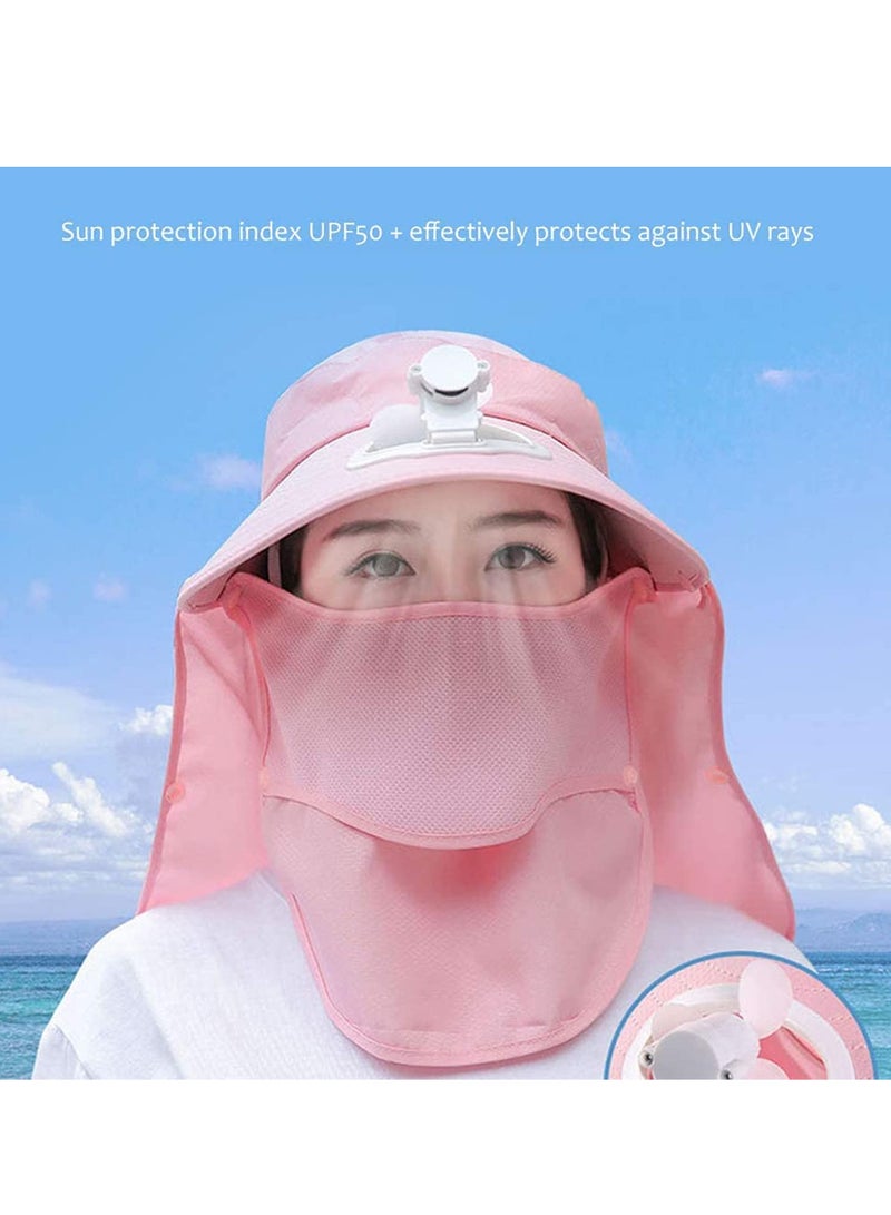 SOLARAE Fan Visor Cap USB Charging Summer Women hat with Face Neck Cover Wrap for Travel UV Protection Portable Outdoor Camping Pink - Image 1