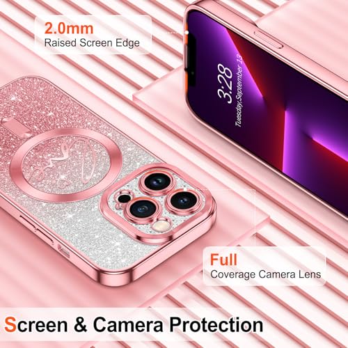 Hython for iPhone 13 Pro Case Glitter, Compatible with MagSafe Love Heart Magnetic Clear Phone Cases for Women Girls, Full Camera Protection Sparkle Plating Shockproof Protective Cover, Pink - Image 4
