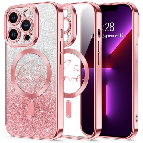 Hython for iPhone 13 Pro Case Glitter, Compatible with MagSafe Love Heart Magnetic Clear Phone Cases for Women Girls, Full Camera Protection Sparkle Plating Shockproof Protective Cover, Pink - Image 1