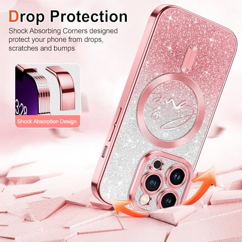 Hython for iPhone 13 Pro Case Glitter, Compatible with MagSafe Love Heart Magnetic Clear Phone Cases for Women Girls, Full Camera Protection Sparkle Plating Shockproof Protective Cover, Pink - Image 5