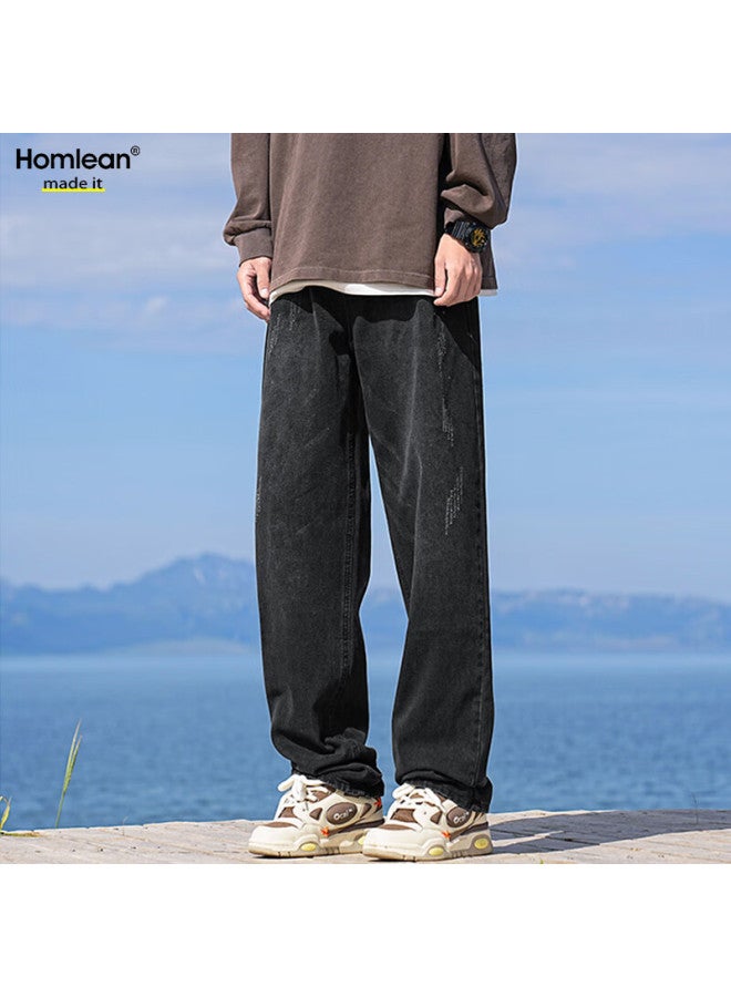 Homlean Street Retro Jeans Men's Spring And Summer Niche Trend American Style All-match Washed Long Pants 05 Black XL - Image 1
