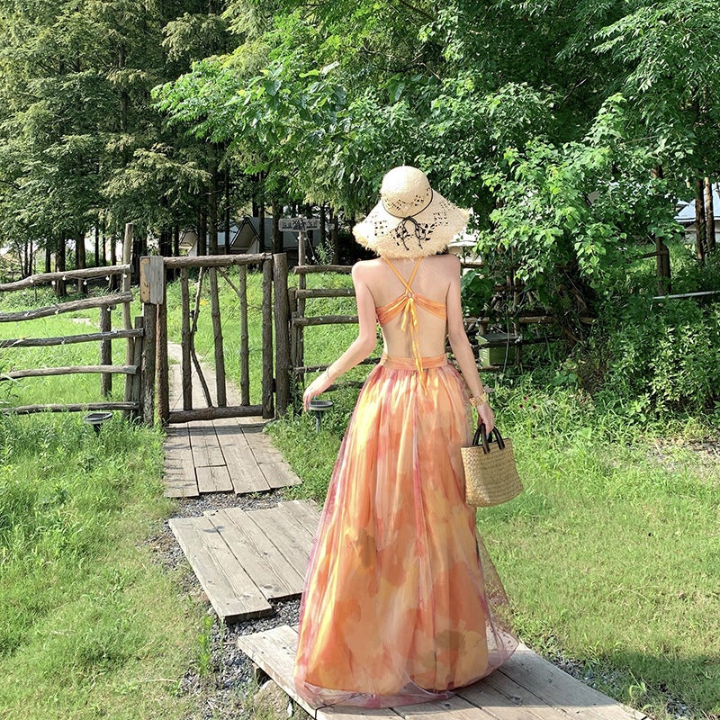 Women's Orange Floral Print Sleeveless V-Neck High Waist A-Line Maxi Tulle Dress - Image 3