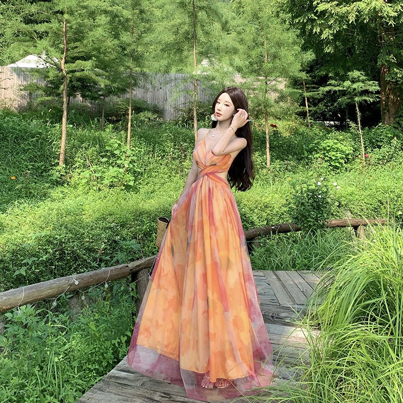 Women's Orange Floral Print Sleeveless V-Neck High Waist A-Line Maxi Tulle Dress - Image 2