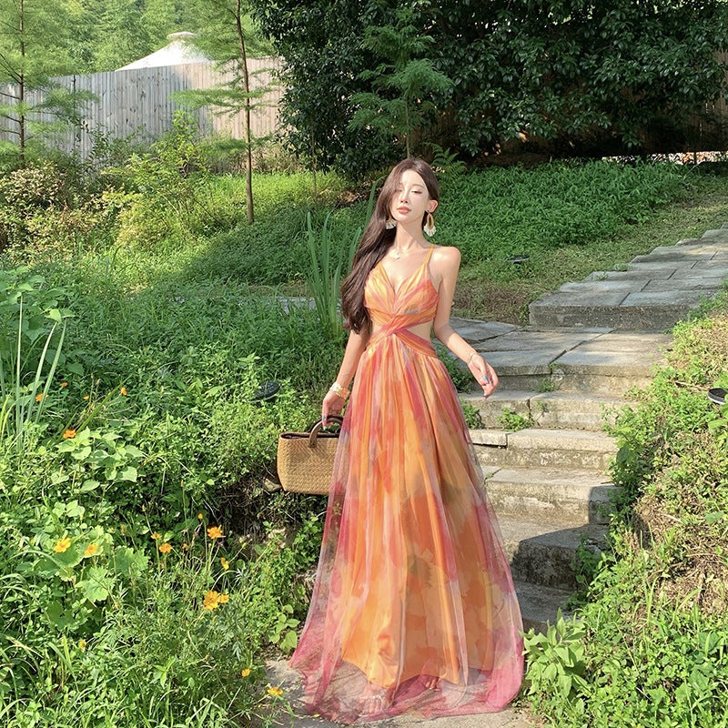 Women's Orange Floral Print Sleeveless V-Neck High Waist A-Line Maxi Tulle Dress - Image 1