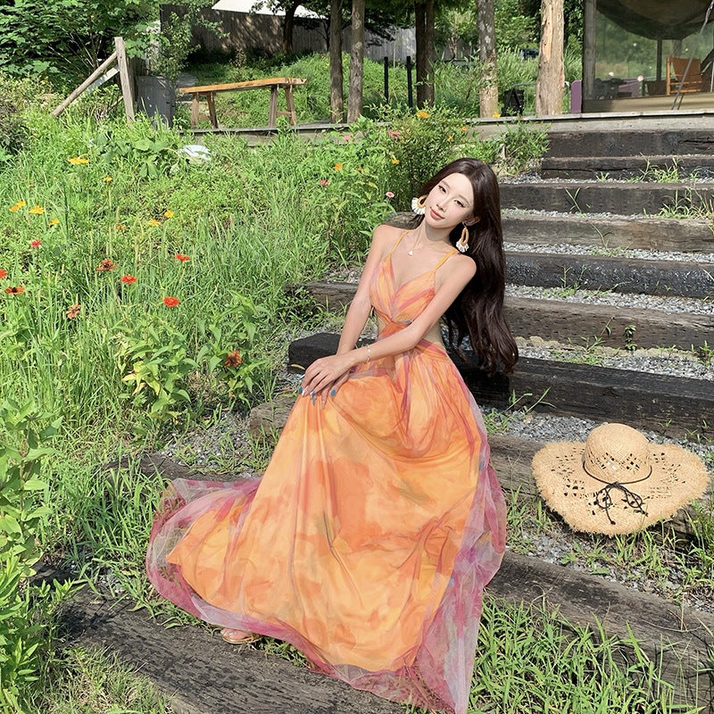 Women's Orange Floral Print Sleeveless V-Neck High Waist A-Line Maxi Tulle Dress - Image 5