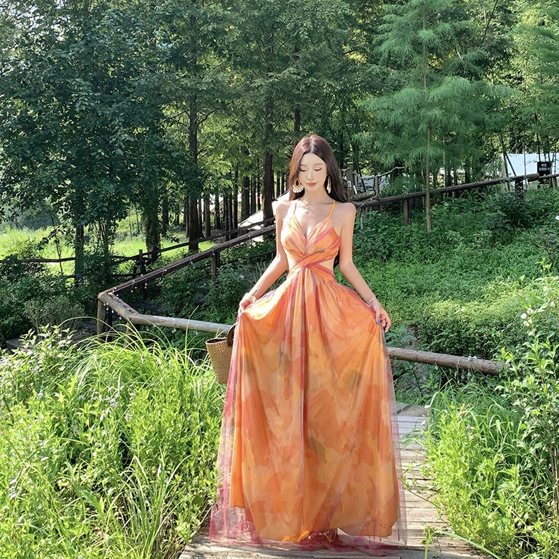 Women's Orange Floral Print Sleeveless V-Neck High Waist A-Line Maxi Tulle Dress - Image 4