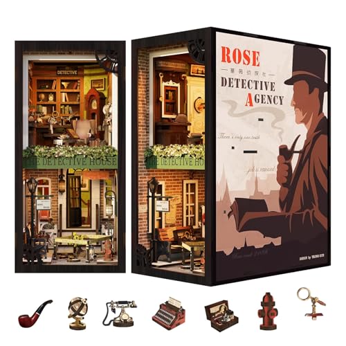 Fsolis Book Nook Kit 3D Wooden Puzzle for Adult DIY Miniature Kit Decorative Bookend Bookshelf Bookcase Decor Gifts for Women Readers Book LoversRose Detective Agency - Image 1