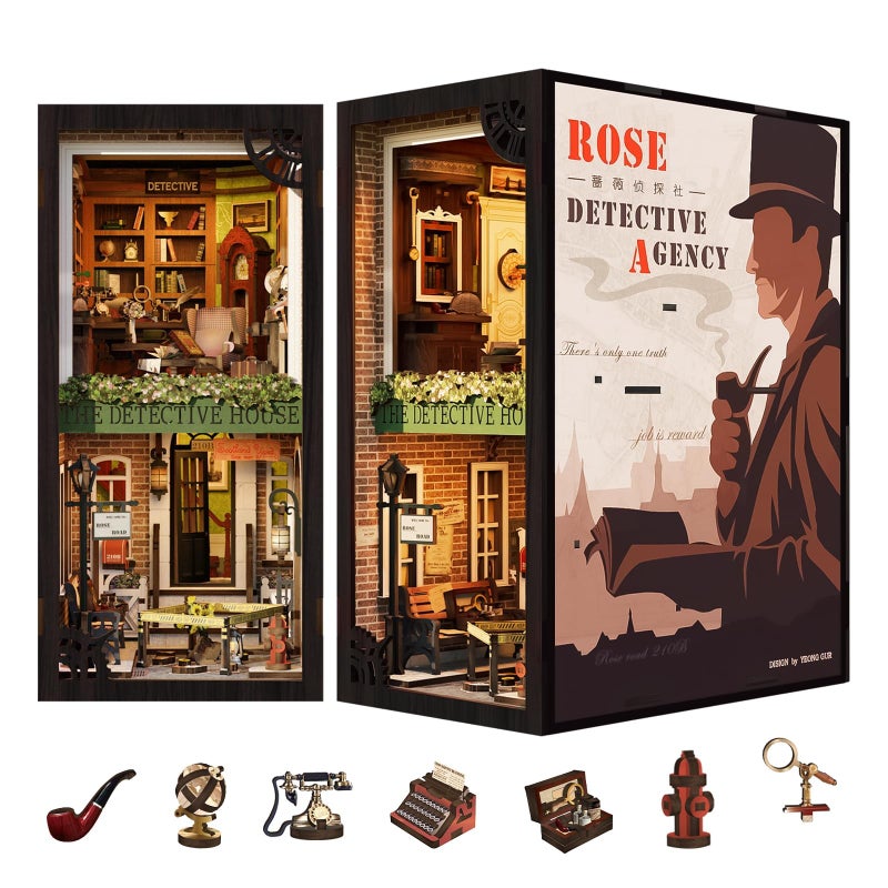 Fsolis Book Nook Kit 3D Wooden Puzzle for Adult DIY Miniature Kit Decorative Bookend Bookshelf Bookcase Decor Gifts for Women Readers Book LoversRose Detective Agency - Image 3
