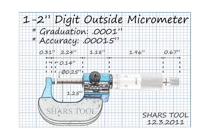 Shars 1-2" Digit Outside Micrometer, 0.0001" Graduation 303-2403 P) - Image 2