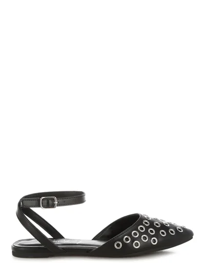 London Rag Metallic Eyelet Detail Flat Sandals in Black