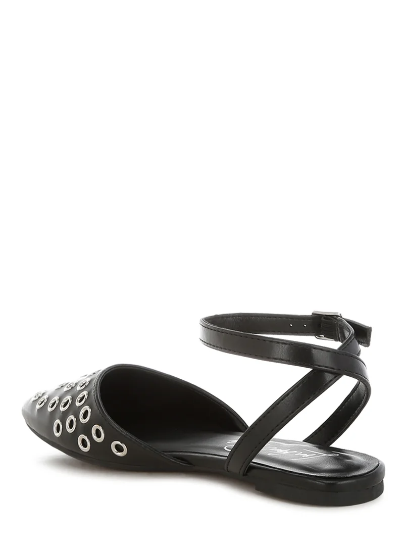 London Rag Metallic Eyelet Detail Flat Sandals in Black