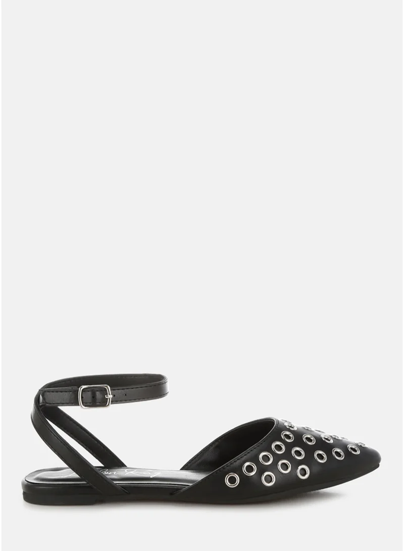 Metallic Eyelet Detail Flat Sandals in Black