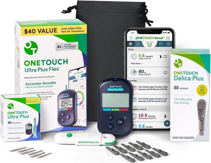 ONETOUCH Ultra Plus Flex Value Diabetes Testing Kit Blood Sugar Test Kit Includes 1 Blood Glucose Meter 1 Lancing Device 30 Lancets 30 Diabetic Test Strips Carrying Case - Image 2
