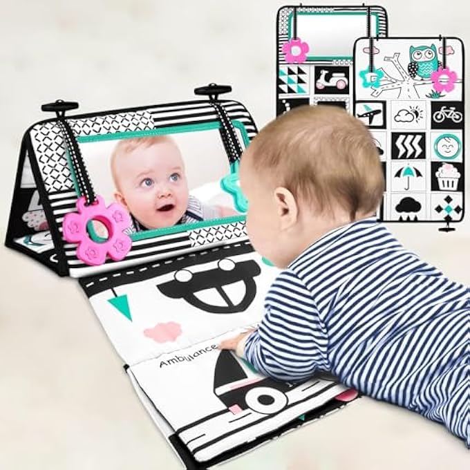 BABY TUMMY TIME MIRROR FLIP FOR BABY PLAY NEWBORN MIRROR TOY WITH TEETHER BLACK AND WHITE SENSORY TOYS SOFT CLOTH BOOK DEVELOPMENTAL GIFT FOR INFANTS GIRLS BOYS 0 6 MONTHS GREEN - Image 1