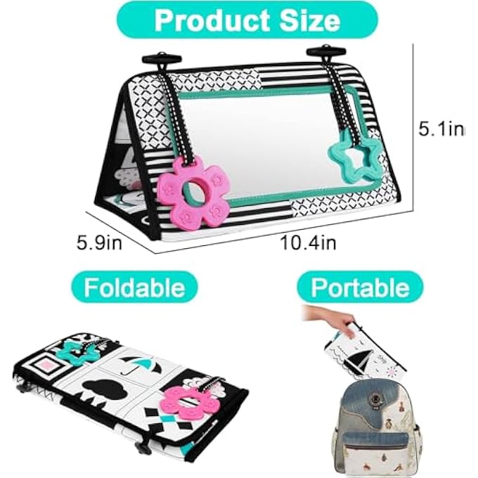 BABY TUMMY TIME MIRROR FLIP FOR BABY PLAY NEWBORN MIRROR TOY WITH TEETHER BLACK AND WHITE SENSORY TOYS SOFT CLOTH BOOK DEVELOPMENTAL GIFT FOR INFANTS GIRLS BOYS 0 6 MONTHS GREEN - Image 5