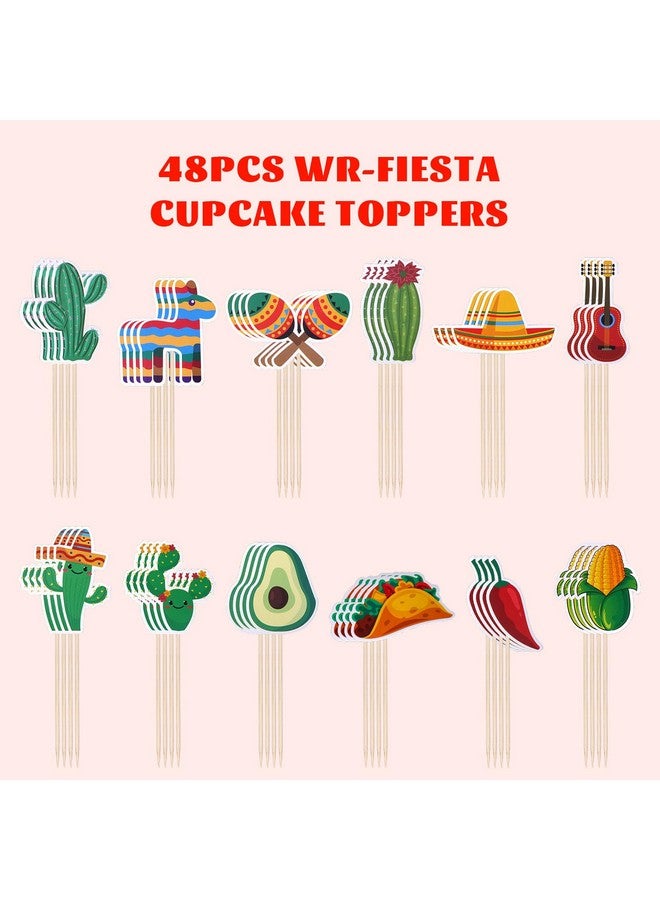 cnomg 48Pcs Fiesta Cupcake Topper Mexican Theme Cake Decorations Cactus Donkey Guitar Taco Wide Brim Hat Party Supplies for Baby Showers Birthdays Mexican Party - Image 3