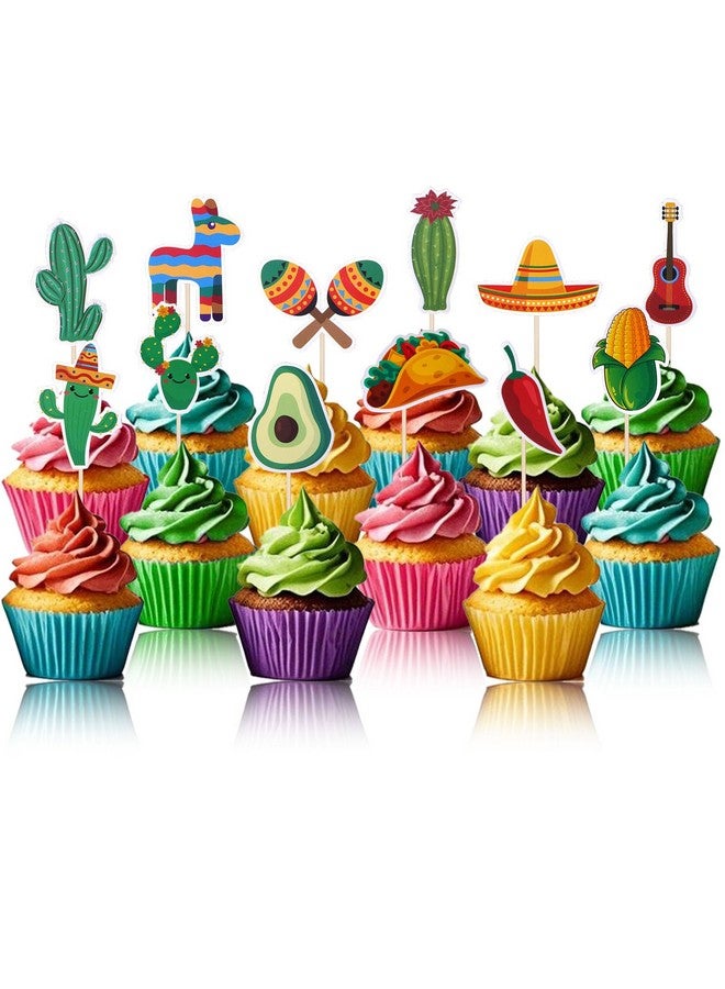 cnomg 48Pcs Fiesta Cupcake Topper Mexican Theme Cake Decorations Cactus Donkey Guitar Taco Wide Brim Hat Party Supplies for Baby Showers Birthdays Mexican Party - Image 5