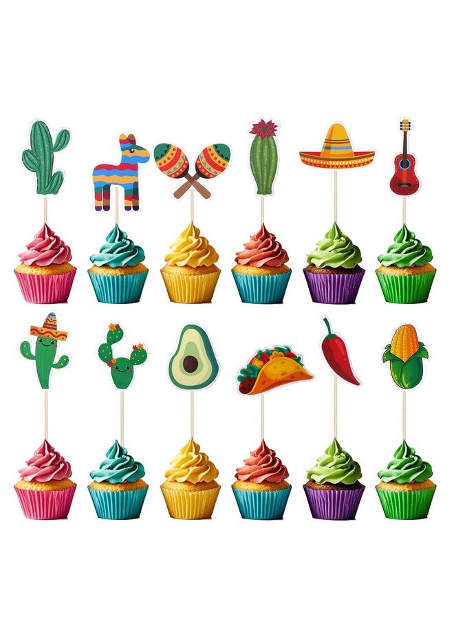 cnomg 48Pcs Fiesta Cupcake Topper Mexican Theme Cake Decorations Cactus Donkey Guitar Taco Wide Brim Hat Party Supplies for Baby Showers Birthdays Mexican Party - Image 1