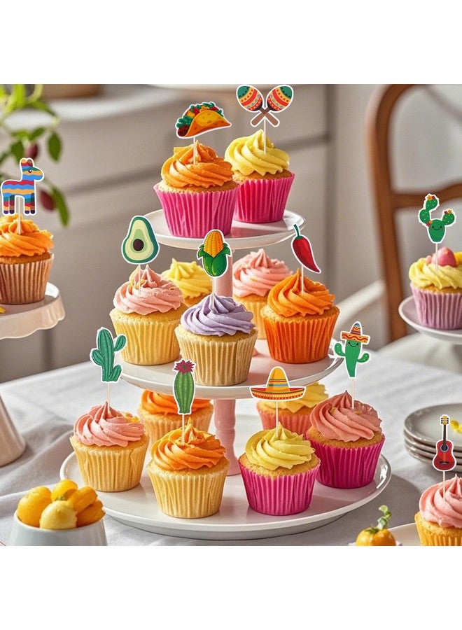cnomg 48Pcs Fiesta Cupcake Topper Mexican Theme Cake Decorations Cactus Donkey Guitar Taco Wide Brim Hat Party Supplies for Baby Showers Birthdays Mexican Party - Image 2