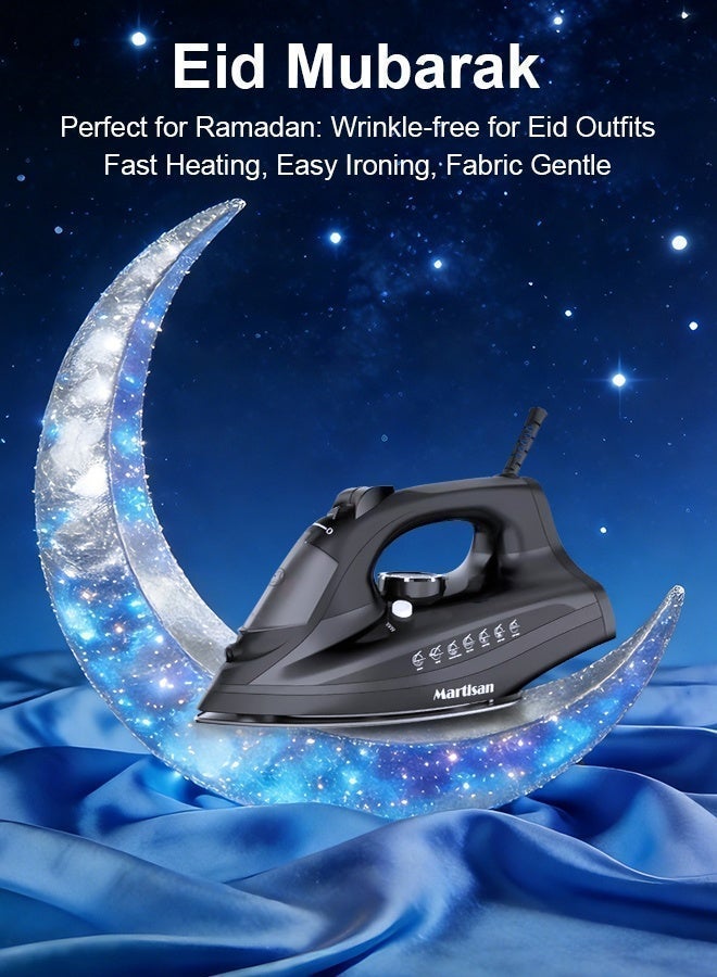 مارتيزان مكواة بخار قوية 2200 واط، قاعدة سيراميك غير لاصقة، مكواة 4 في 1، صندوق مكواة سريع التسخين، كي جاف، بخار رذاذ ومتدفق، درجة حرارة قابلة للتعديل، تنظيف ذاتي، مضاد للتنقيط، مضاد للتكلس، خزان مياه كبير 270 مل، أسود فضي - Image 1