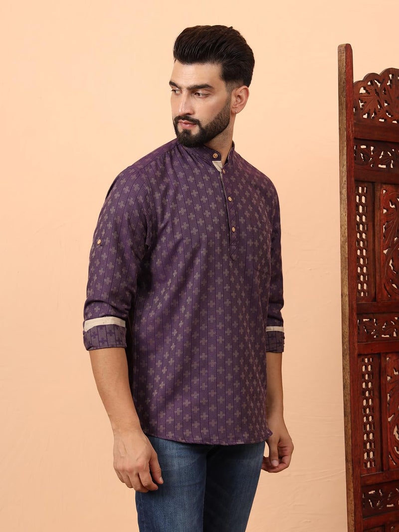 LATEST CHIKAN Men's Cotton Regular Self Design Short Regular Fit Kurta Full Sleeves - Casual Ethnic Wear -SKFS-PLUS-PR-44 Purple, 2XL - Image 3