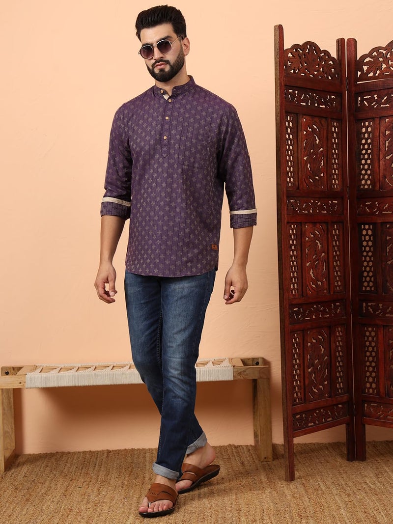 LATEST CHIKAN Men's Cotton Regular Self Design Short Regular Fit Kurta Full Sleeves - Casual Ethnic Wear -SKFS-PLUS-PR-44 Purple, 2XL - Image 2