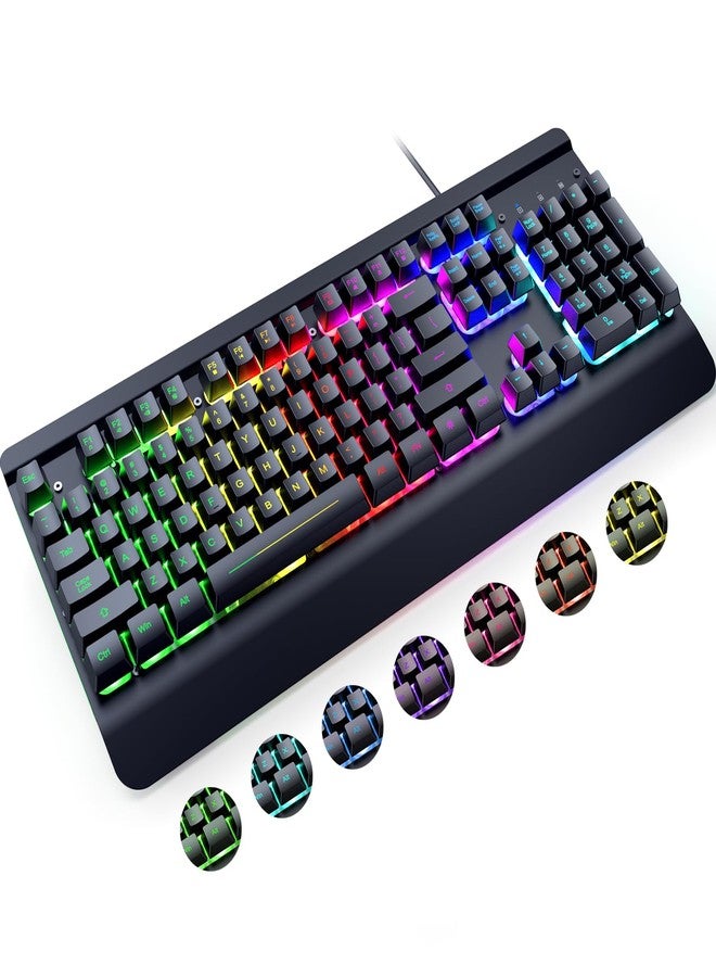 RisoPhy PC419 RGB Gaming Keyboard, 7 Single Color Backlits, 104 Keys Metal Panel, Silent Keys, Wrist Rest, Full Size Waterproof Light Up for PC Laptop Mac Gamer
