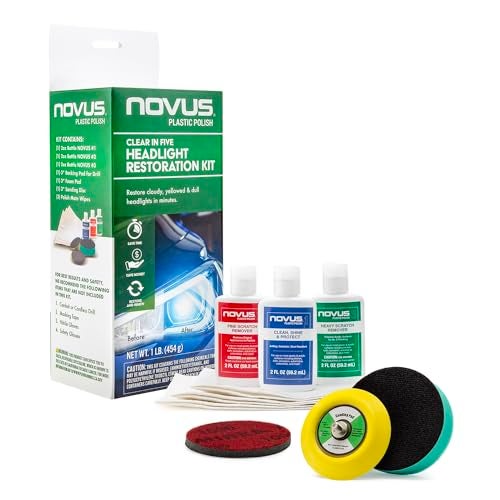 NOVUS مجموعة استعادة المصابيح الأمامية NOVUS Clear in Five، 2 أونصة، زجاجات #2 و #3، وسادة تلميع، ملحق حفر وسادة دعم، قرص صنفرة 1,000 حبيبة، 3 مناديل تلميع (مجموعة استعادة المصابيح الأمامية NOVUS) - Image 1