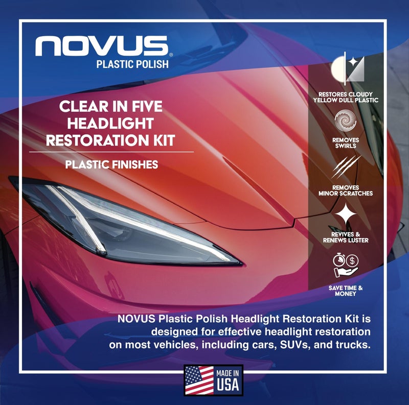 NOVUS مجموعة استعادة المصابيح الأمامية NOVUS Clear in Five، 2 أونصة، زجاجات #2 و #3، وسادة تلميع، ملحق حفر وسادة دعم، قرص صنفرة 1,000 حبيبة، 3 مناديل تلميع (مجموعة استعادة المصابيح الأمامية NOVUS) - Image 2