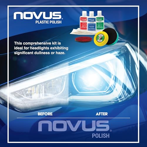 NOVUS مجموعة استعادة المصابيح الأمامية NOVUS Clear in Five، 2 أونصة، زجاجات #2 و #3، وسادة تلميع، ملحق حفر وسادة دعم، قرص صنفرة 1,000 حبيبة، 3 مناديل تلميع (مجموعة استعادة المصابيح الأمامية NOVUS) - Image 5