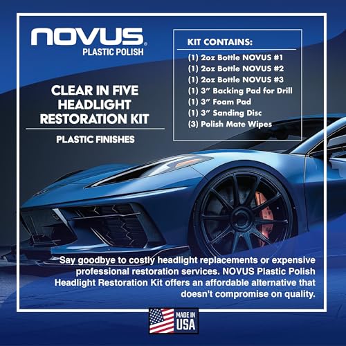 NOVUS مجموعة استعادة المصابيح الأمامية NOVUS Clear in Five، 2 أونصة، زجاجات #2 و #3، وسادة تلميع، ملحق حفر وسادة دعم، قرص صنفرة 1,000 حبيبة، 3 مناديل تلميع (مجموعة استعادة المصابيح الأمامية NOVUS) - Image 4