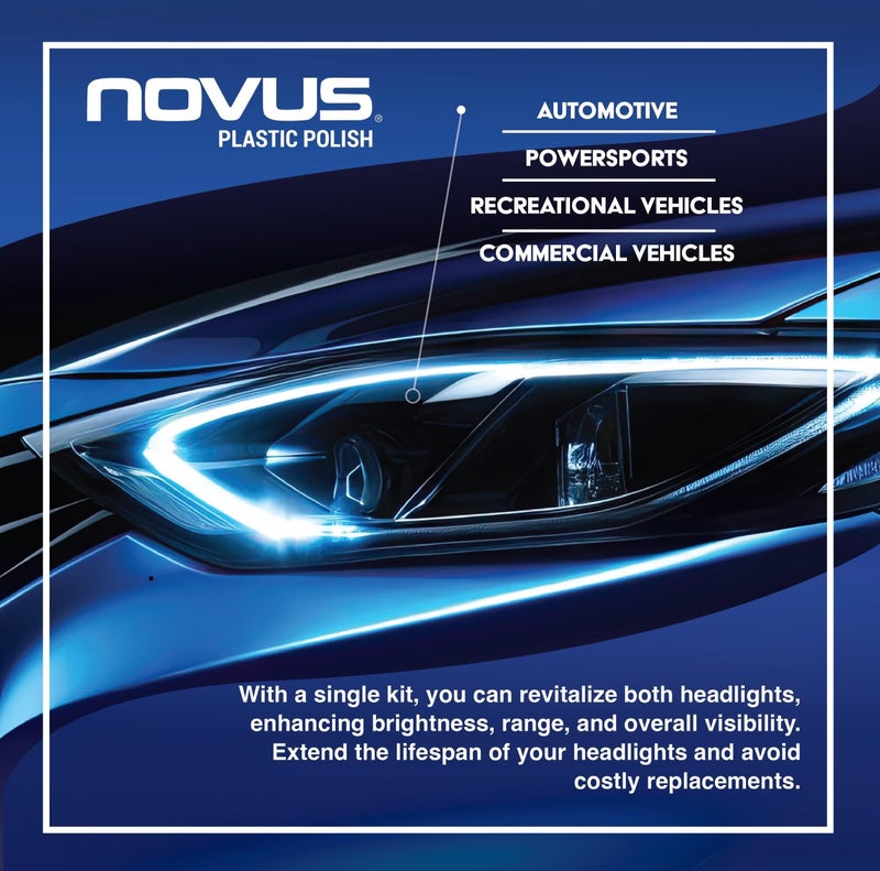 NOVUS مجموعة استعادة المصابيح الأمامية NOVUS Clear in Five، 2 أونصة، زجاجات #2 و #3، وسادة تلميع، ملحق حفر وسادة دعم، قرص صنفرة 1,000 حبيبة، 3 مناديل تلميع (مجموعة استعادة المصابيح الأمامية NOVUS) - Image 3