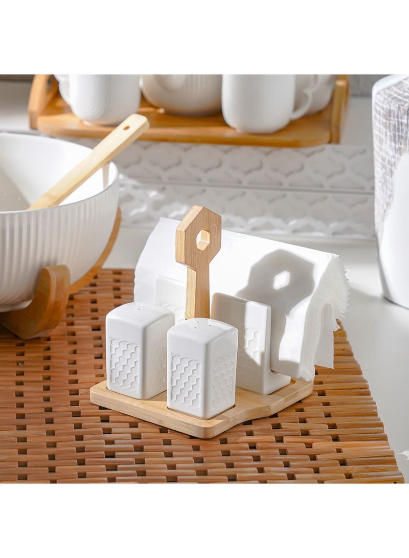 DANUBE HOME Princess 4-Piece Salt, Pepper, Tissue Holder Set with Stand – Elegant Kitchen Table Organizer for Spices and Napkins, Durable, Stylish Dining Essential for Home & Gifts L15xW14xH16.5 Cm White - Image 3