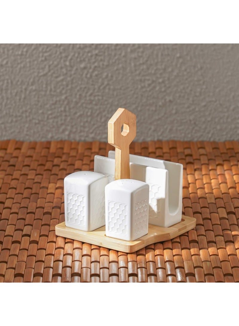 DANUBE HOME Princess 4-Piece Salt, Pepper, Tissue Holder Set with Stand – Elegant Kitchen Table Organizer for Spices and Napkins, Durable, Stylish Dining Essential for Home & Gifts L15xW14xH16.5 Cm White - Image 1