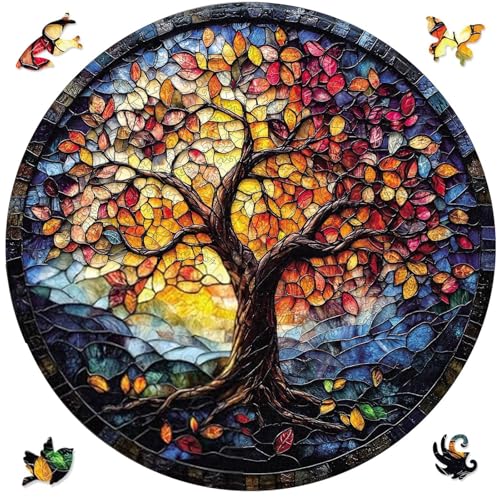 Qiuenisray Wooden Puzzles for Adults Glass Tree of Life Jigsaw Puzzles 200 Pieces Beautiful Wall Decor FSC Certified Unique Shape Adult Puzzles Pieces Wood Creative for Family Game 112x112 in - Image 1