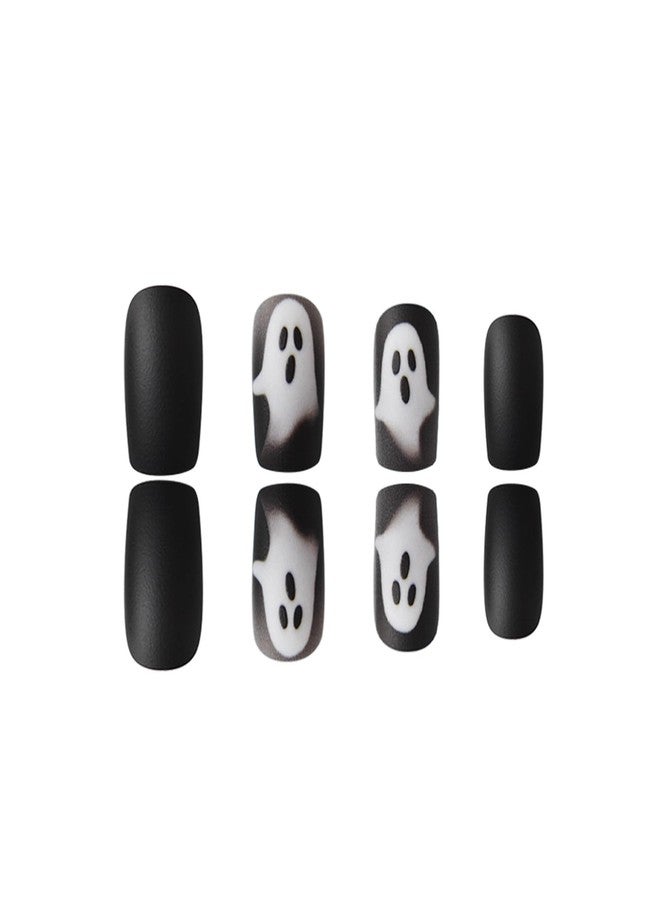 GRITOSE 24Pcs Black Halloween Press on Nails Short Square Fake Nails Scary Halloween False Nails with Ghost Design Matte Full Cover Nails Press ons Halloween Ghost Nail Holiday Glue on Nail for Women - Image 4