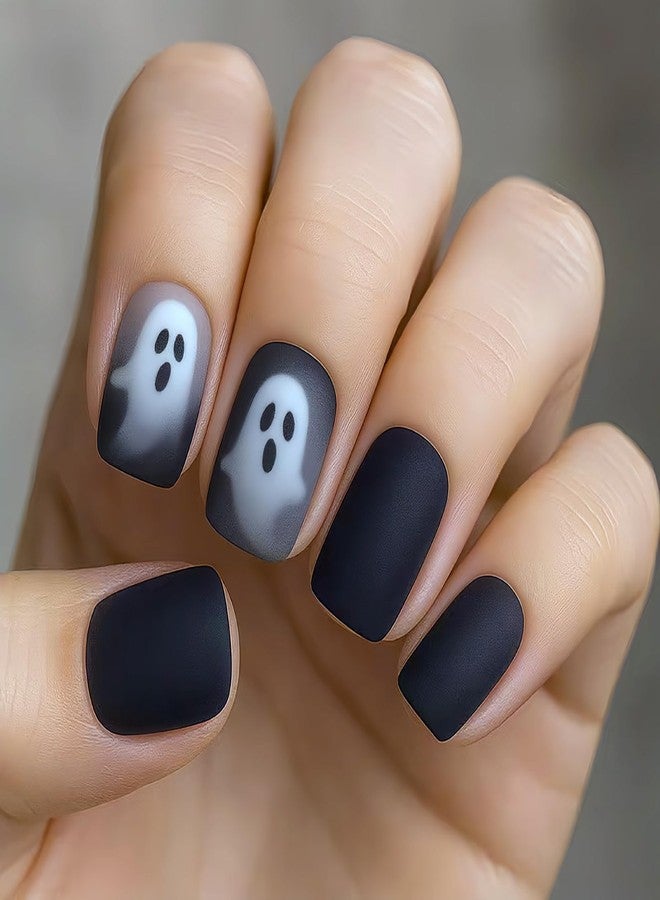 GRITOSE 24Pcs Black Halloween Press on Nails Short Square Fake Nails Scary Halloween False Nails with Ghost Design Matte Full Cover Nails Press ons Halloween Ghost Nail Holiday Glue on Nail for Women - Image 1