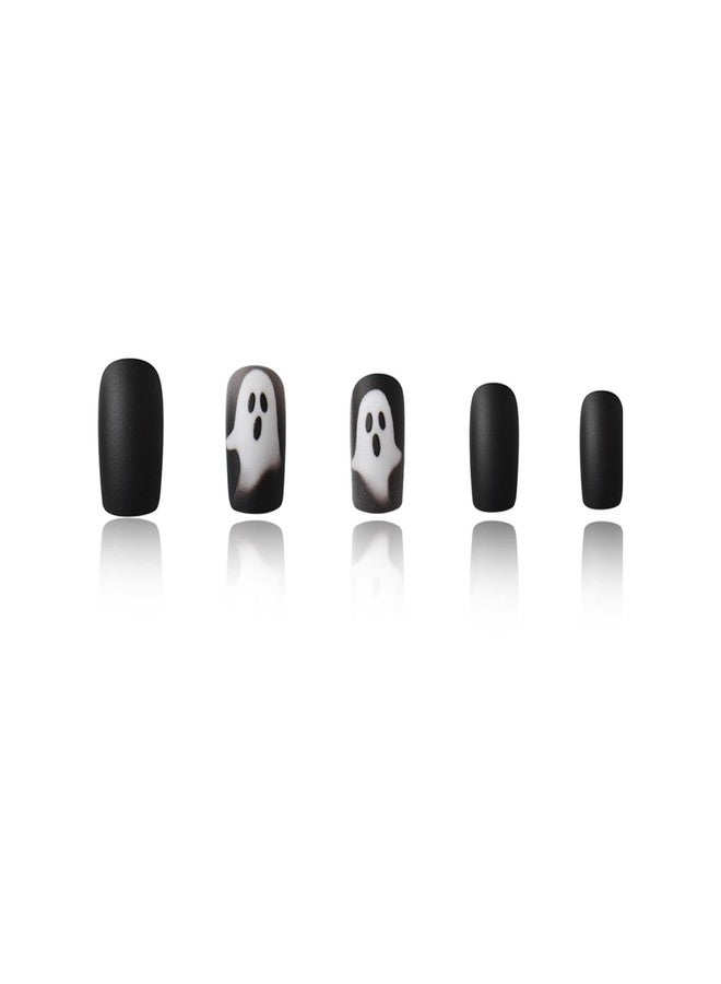 GRITOSE 24Pcs Black Halloween Press on Nails Short Square Fake Nails Scary Halloween False Nails with Ghost Design Matte Full Cover Nails Press ons Halloween Ghost Nail Holiday Glue on Nail for Women - Image 5