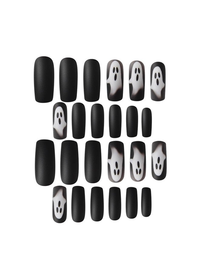 GRITOSE 24Pcs Black Halloween Press on Nails Short Square Fake Nails Scary Halloween False Nails with Ghost Design Matte Full Cover Nails Press ons Halloween Ghost Nail Holiday Glue on Nail for Women - Image 2