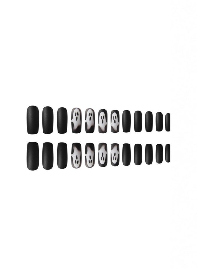 GRITOSE 24Pcs Black Halloween Press on Nails Short Square Fake Nails Scary Halloween False Nails with Ghost Design Matte Full Cover Nails Press ons Halloween Ghost Nail Holiday Glue on Nail for Women - Image 3