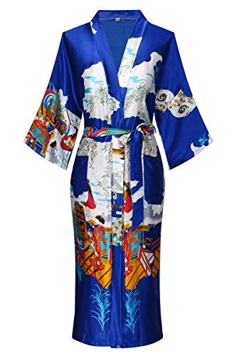 Dandychic Women's Kimono Robes Pagoda Print Kimono Imitation Silk Long Style Large Royal Blue - Image 1