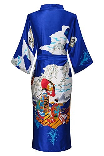 Dandychic Women's Kimono Robes Pagoda Print Kimono Imitation Silk Long Style Large Royal Blue - Image 2